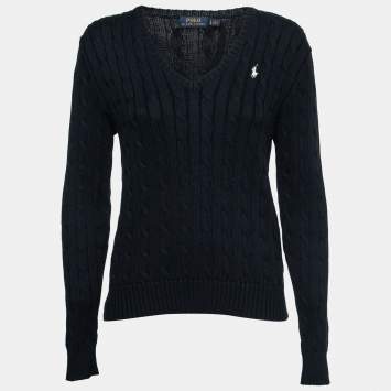 Pre Owned Polo Ralph Lauren Navy Blue Cable Knit V-Neck Sweater L