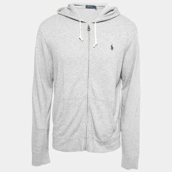 Pre Owned Polo Ralph Lauren Grey Cotton Knit Zip Front Hooded Jacket M
