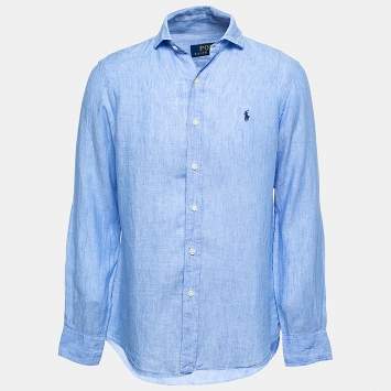 Pre Owned Polo Ralph Lauren Blue Linen Button Front Shirt M