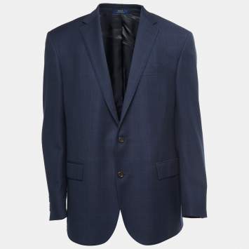 Pre Owned Polo Ralph Lauren Navy Blue Checked Wool Custom Fit Jacket XXL