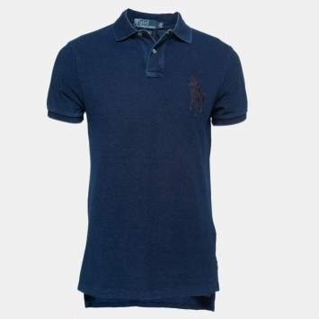 Pre Owned Polo Ralph Lauren Dark Wash Blue Cotton Pique Custom Fit Polo T-Shirt M