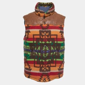 Pre Owned Polo Ralph Lauren Multicolor Wool Blend and Leather Sleeveless Down Jacket M