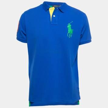 Pre Owned Polo Ralph Lauren Blue Cotton Pique Custom Fit Polo T-Shirt L
