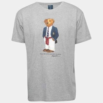 Pre Owned Polo Ralph Lauren Grey Polo Bear Printed Cotton Half Sleeve T-Shirt M