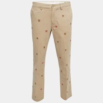 Pre Owned Polo Ralph Lauren Beige Crest Embroidered Cotton Trousers L