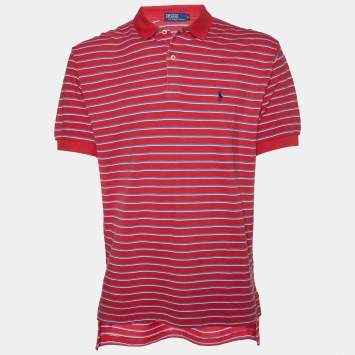 Pre Owned Polo by Ralph Lauren Red Striped Cotton Polo T-Shirt M