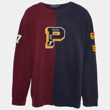 Pre Owned Polo Ralph Lauren Navy Blue/Red Embroidered Cotton Knit Crew Neck Sweatshirt XXL