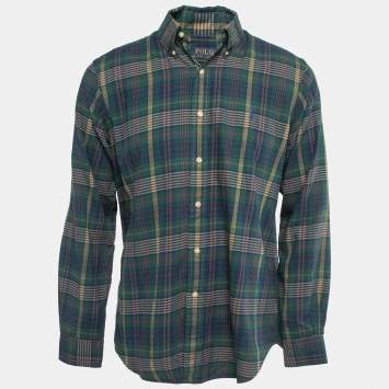 Pre Owned Polo Ralph Lauren Green/Navy Blue Plaid Cotton Button Front Full Sleeve Shirt M