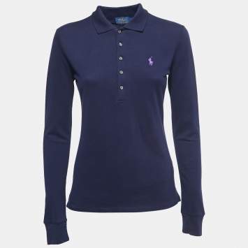 Pre Owned Polo Ralph Lauren Navy Blue Logo Embroidered Cotton Pique Full Sleeve Polo T-Shirt M