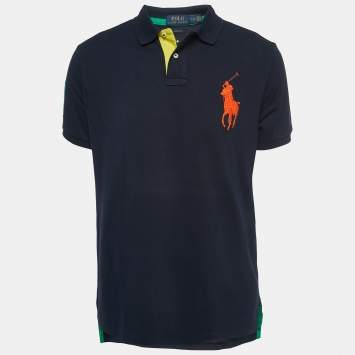 Pre Owned Polo Ralph Lauren Navy Blue Logo Embroidered Cotton Pique Custom Fit Polo T-Shirt L