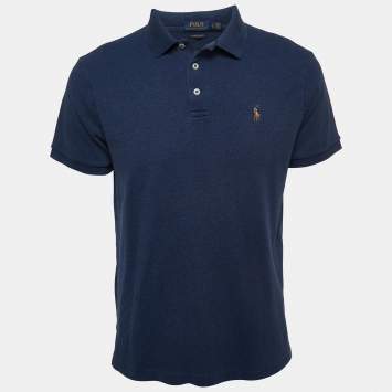 Pre Owned Polo Ralph Lauren Navy Blue Cotton Polo Custom Slim Fit T-Shirt L