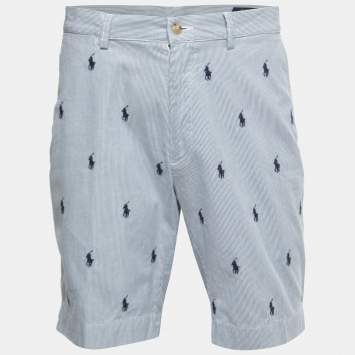 Pre Owned Polo Ralph Lauren Blue Pinstripe All-Over Motif Embroidered Cotton Shorts M Waist 33"