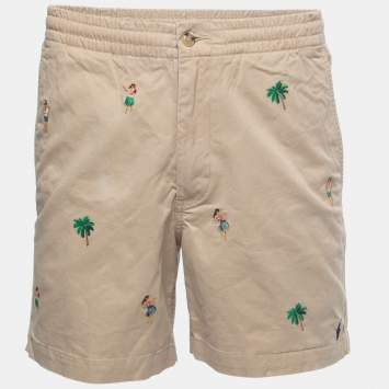 Pre Owned Polo Ralph Lauren Beige Cotton Hawaiian Embroidered Shorts M
