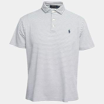 Pre Owned Polo Ralph Lauren White & Navy Blue Striped Cotton Knit Polo T-Shirt L