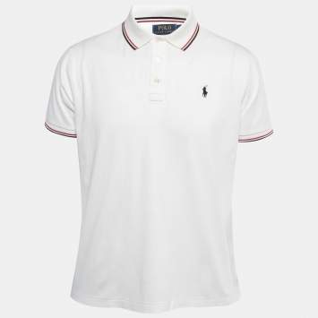 Pre Owned Polo Ralph Lauren White Cotton Knit Stripe Detail Polo T-Shirt L