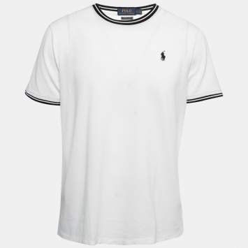 Pre Owned Polo Ralph Lauren White Cotton Pique Contrast Detail Round Neck T-Shirt L