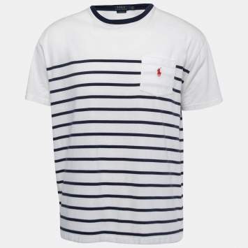 Pre Owned Polo Ralph Lauren White Striped Cotton Crew Neck Half Sleeve Classic Fit T-Shirt L