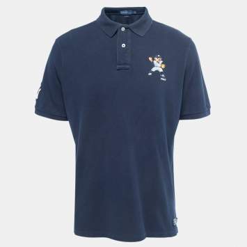 Pre Owned Polo Ralph Lauren Navy Blue Logo Embroidered Cotton Polo T-Shirt L