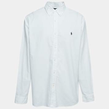 Pre Owned Polo Ralph Lauren White Logo Embroidered Cotton Button Down Full Sleeve Shirt XXL
