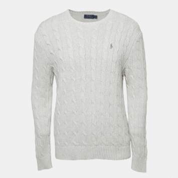 Pre Owned Polo Ralph Lauren Grey Logo Embroidered Cotton Knit Crew Neck Sweater L
