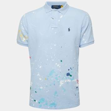 Pre Owned Polo Ralph Lauren Blue Distressed Paint Splatter Cotton Pique Polo T-Shirt M