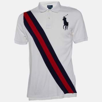 Pre Owned Polo Ralph Lauren White Cotton Knit Contrast Detail Polo T-Shirt XL