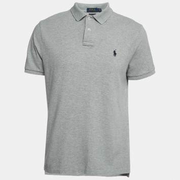 Pre Owned Polo Ralph Lauren Grey Logo Embroidered Cotton Polo T-Shirt L