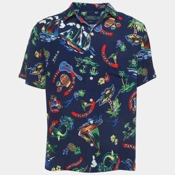 Pre Owned Polo Ralph Lauren Navy Blue Print Crepe Button Front Custom Fit Shirt M