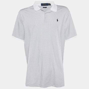 Pre Owned Polo Ralph Lauren White/Navy Blue Patterned Cotton Polo T-Shirt 2XL