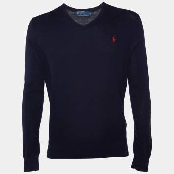 Pre Owned Polo Ralph Lauren Navy Blue Cotton & Cashmere V-Neck Jumper M
