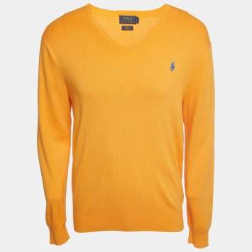 Pre Owned Polo Ralph Lauren Yellow Logo Embroidered Pima Cotton Slim Fit Sweater L