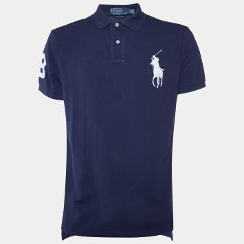 Pre Owned Polo Ralph Lauren Navy Blue Cotton Custom Fit Polo T-Shirt L