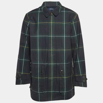Pre Owned Polo Ralph Lauren Navy Blue/Green Plaid Cotton Beaufort Walking Coat L