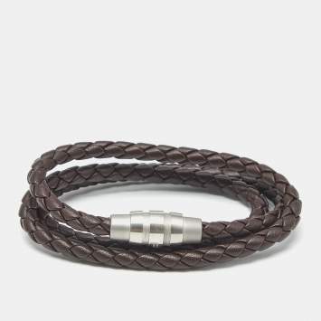 Pre Owned Porsche Design Grooves Brown Leather Stainless Steel Triple Wrap Bracelet