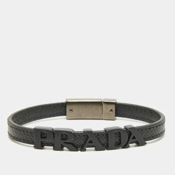 Pre Owned Prada Logo Black Coated and Gunmetal Tone Leather Bracelet