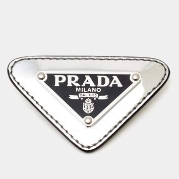 Pre Owned Prada Silver Patent Leather Triangle Logo Brooch