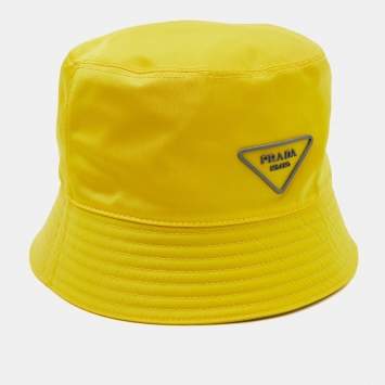 Pre Owned Prada Yellow Triangle Logo Nylon Bucket Hat XL
