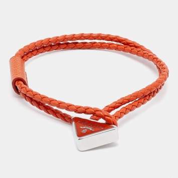 Pre Owned Prada Papaya Braided Nappa Leather Logo Bracelet