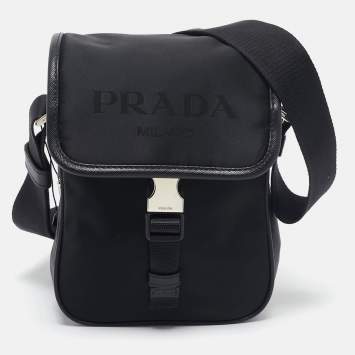 Pre Owned Prada Black Leather and Re-Nylon Flap Messenger Bag