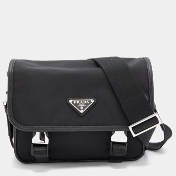 Pre Owned Prada Black Re-Nylon And Saffiano Leather Messenger Bag