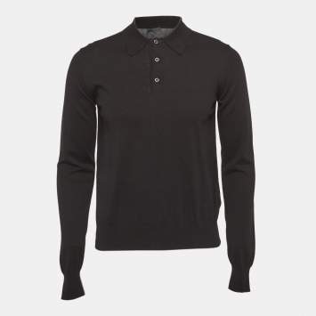 Pre Owned Prada Black Rib Knit Long Sleeve Polo T-Shirt M