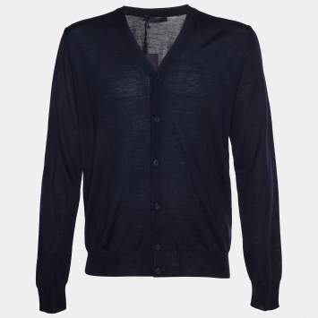 Pre Owned Prada Navy Blue Wool Knit V-Neck Button-Down Cardigan L