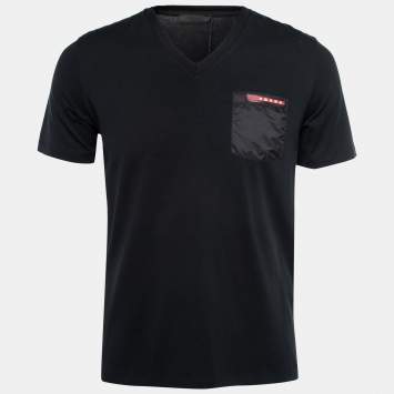 Pre Owned Prada Black Cotton Rubber Logo Nylon Pocket V-Neck T-Shirt M