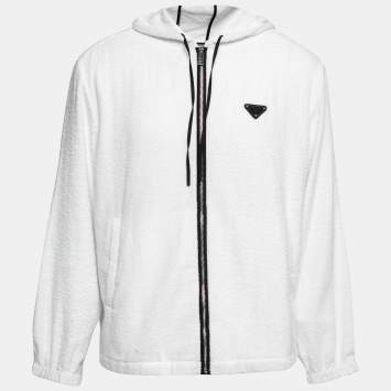 Pre Owned Prada White Terry Cloth Enameled Metal Logo Hoodie Jacket L