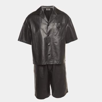 Pre Owned Prada Black Nappa Leather Metal Logo Embellished Shorts and Shirt Set M