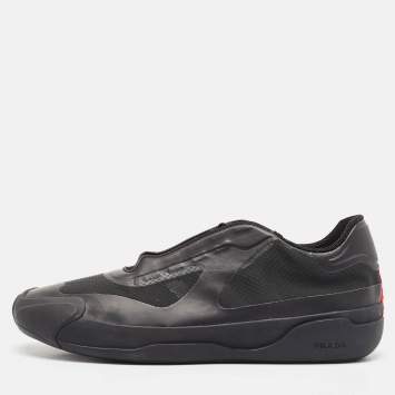 Pre Owned Prada Black Leather and Mesh Luna Rossa Low Top Sneakers Size 43.5