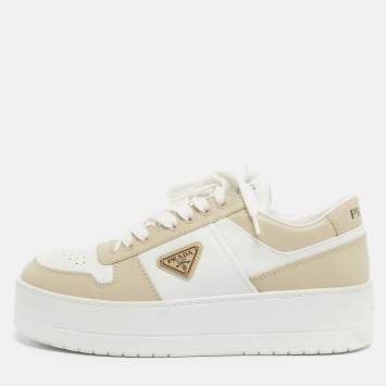 Pre Owned Prada Cream/White Leather Downtown Lace Up Sneakers Size 39