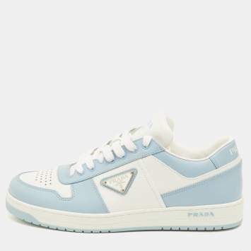 Pre Owned حذاء رياضي برادا جلد أبيض/أزرق داونتاون بعنق قصير مقاس 41