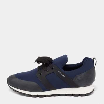 Pre Owned Prada Navy Blue/Black Nylon And Leather Lace-Up Low Top Sneakers Size 43.5