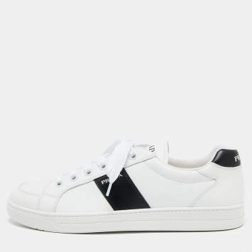 Pre Owned Prada White/Black Leather Low Top Sneakers  Size 44.5